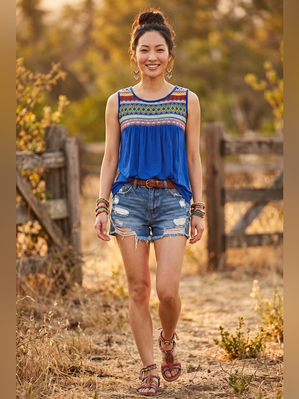 Blue Sleeveless Embroidered Yoke Tank Top